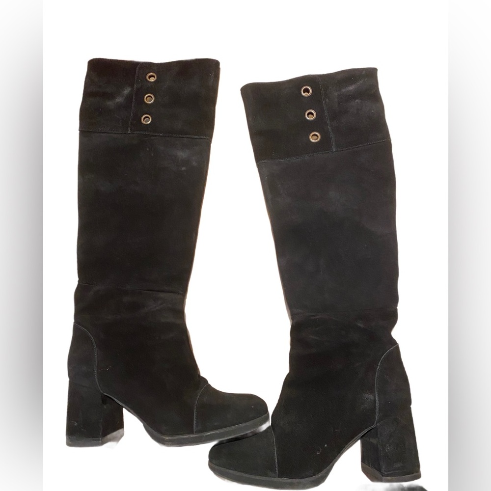 Fly London retro style 60s Black Suede Knee-High Block Heel Boots